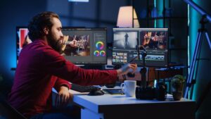 Video editor content creator filming tutorial about professionally editing footage